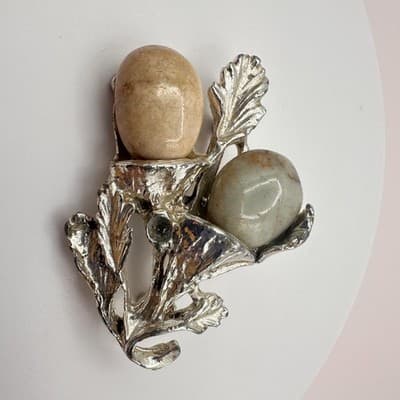 Vintage 80s Silver Tone Thistle Brooch Beige &Green Agate Stones Boho Floral Pin - Thumbnail 3