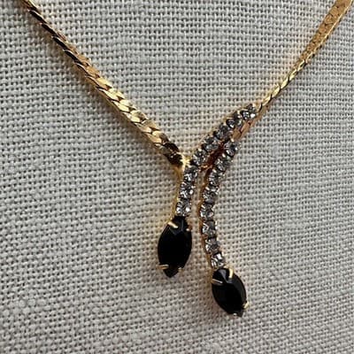 Vintage 90s Gold Tone Rhinestone Black Marquise Y Drop Lariat Necklace Jewelry - Thumbnail 6