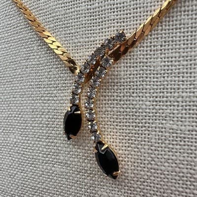 Vintage 90s Gold Tone Rhinestone Black Marquise Y Drop Lariat Necklace Jewelry - Thumbnail 9