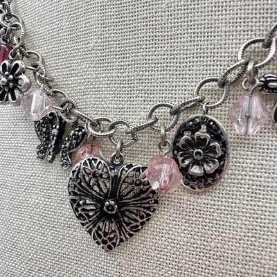 Vintage 80s Pink Purple Beads Charm Necklace Heart Butterfly Silver Tone Jewelry - Thumbnail 5