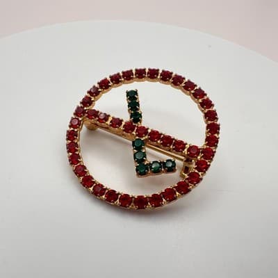 Vintage Y2K Red & Green Rhinestone Circle Brooch Pin Gold Tone Women's Jewelry - Thumbnail 2