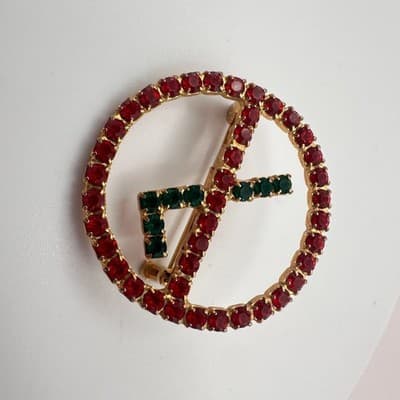Vintage Y2K Red & Green Rhinestone Circle Brooch Pin Gold Tone Women's Jewelry - Thumbnail 3