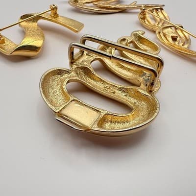 Vintage 80s 90s Gold Tone Abstract Brooch Pins Set Ribbon Geometric Modernist - Thumbnail 8