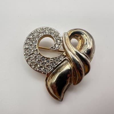 Vintage Y2K Clear Rhinestone Heart Swirl Gold Tone Brooch Pin Women's Jewelry - Thumbnail 5