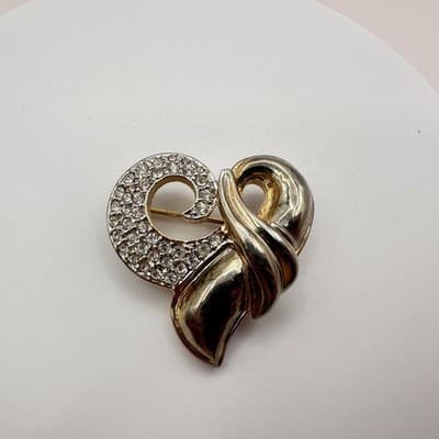 Vintage Y2K Clear Rhinestone Heart Swirl Gold Tone Brooch Pin Women's Jewelry - Thumbnail 3
