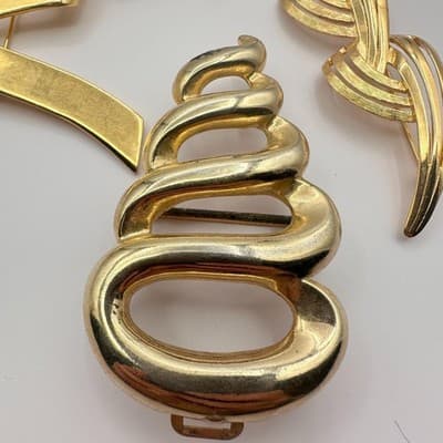Vintage 80s 90s Gold Tone Abstract Brooch Pins Set Ribbon Geometric Modernist - Thumbnail 3