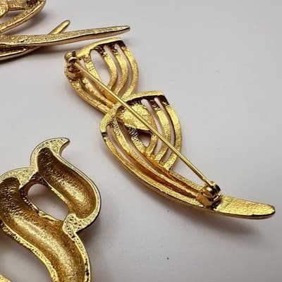 Vintage 80s 90s Gold Tone Abstract Brooch Pins Set Ribbon Geometric Modernist - Thumbnail 11