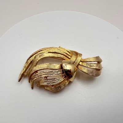 Vintage 60s Signed DeNicola Gold Tone Brooch Mid-Century Modern Textured Jewelry - Thumbnail 3