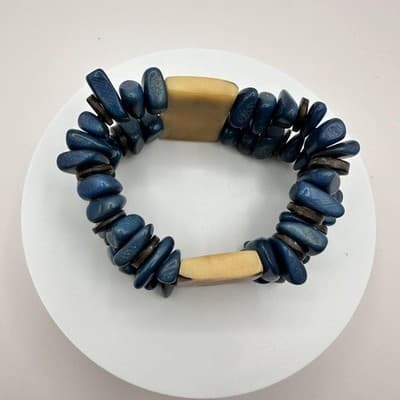 Vintage 90s Cream Floral Wooden Boho Blue Stone Stretch Bracelet Chunky Jewelry - Thumbnail 7