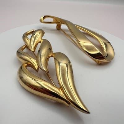 Vintage 90s Gold Tone Brooch Pin Set Statement Women's Classic Jewelry - Thumbnail 3