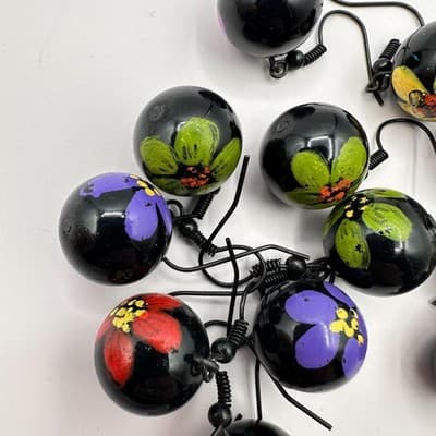Vintage Y2K Hand Painted Floral Beaded Dangle Earrings Lot Boho Women's Jewelry - Thumbnail 3
