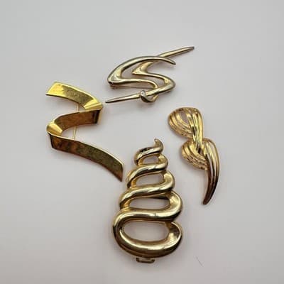 Vintage 80s 90s Gold Tone Abstract Brooch Pins Set Ribbon Geometric Modernist - Thumbnail 2