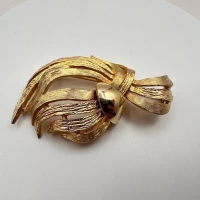 Vintage 60s Signed DeNicola Gold Tone Brooch Mid-Century Modern Textured Jewelry - Thumbnail 4