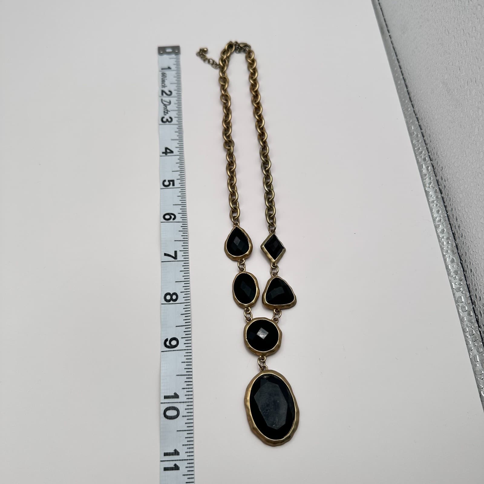 Vintage 90s Geometric Drop Black Crystal Pendant Necklace Gold Tone Jewelry - Thumbnail 10