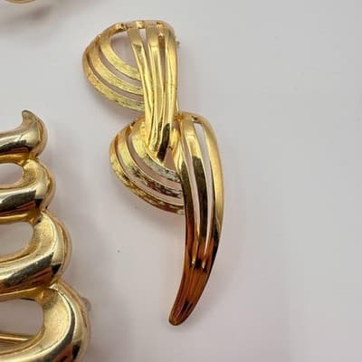 Vintage 80s 90s Gold Tone Abstract Brooch Pins Set Ribbon Geometric Modernist - Thumbnail 4