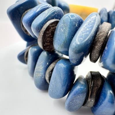 Vintage 90s Cream Floral Wooden Boho Blue Stone Stretch Bracelet Chunky Jewelry - Thumbnail 6