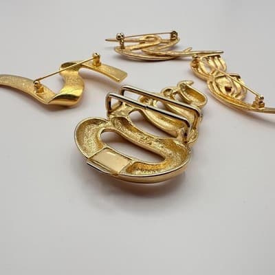 Vintage 80s 90s Gold Tone Abstract Brooch Pins Set Ribbon Geometric Modernist - Thumbnail 7
