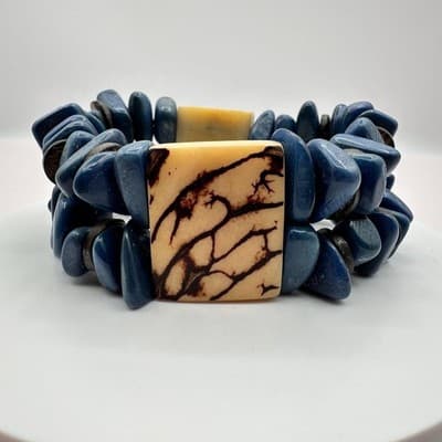 Vintage 90s Cream Floral Wooden Boho Blue Stone Stretch Bracelet Chunky Jewelry - Thumbnail 2