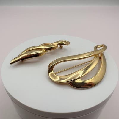 Vintage 90s Gold Tone Brooch Pin Set Statement Women's Classic Jewelry - Thumbnail 5