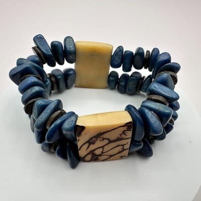 Vintage 90s Cream Floral Wooden Boho Blue Stone Stretch Bracelet Chunky Jewelry - Thumbnail 3