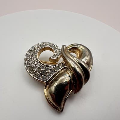 Vintage Y2K Clear Rhinestone Heart Swirl Gold Tone Brooch Pin Women's Jewelry - Thumbnail 6
