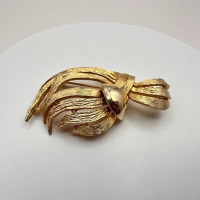 Vintage 60s Signed DeNicola Gold Tone Brooch Mid-Century Modern Textured Jewelry - Thumbnail 2