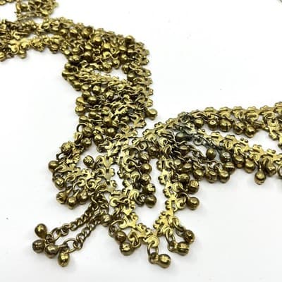 Vintage Brass Tone Ghungroo Bell Fringe Necklace Gold Tone Statement Boho Retro - Thumbnail 5