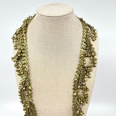 Vintage Brass Tone Ghungroo Bell Fringe Necklace Gold Tone Statement Boho Retro - Thumbnail 9