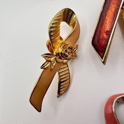 Vintage 90s Awareness Ribbon Enamel Gold Tone Brooch Pins Set Classic Jewelry - Thumbnail 4
