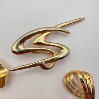 Vintage 80s 90s Gold Tone Abstract Brooch Pins Set Ribbon Geometric Modernist - Thumbnail 6