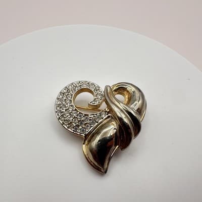 Vintage Y2K Clear Rhinestone Heart Swirl Gold Tone Brooch Pin Women's Jewelry - Thumbnail 2