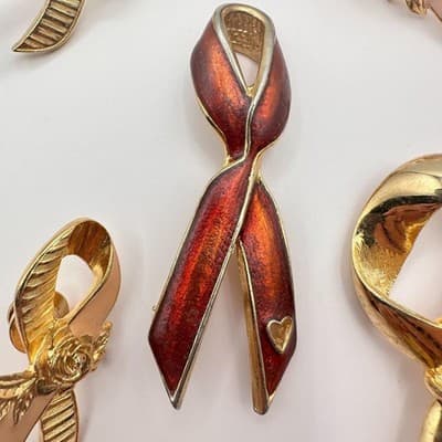 Vintage 90s Awareness Ribbon Enamel Gold Tone Brooch Pins Set Classic Jewelry - Thumbnail 5