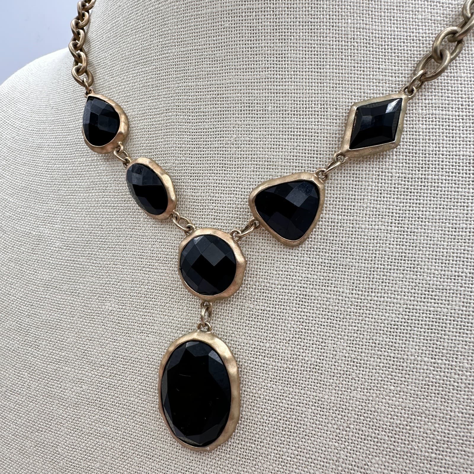 Vintage 90s Geometric Drop Black Crystal Pendant Necklace Gold Tone Jewelry - Thumbnail 7