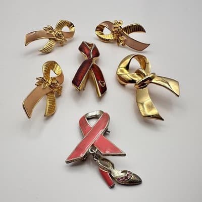 Vintage 90s Awareness Ribbon Enamel Gold Tone Brooch Pins Set Classic Jewelry - Thumbnail 8