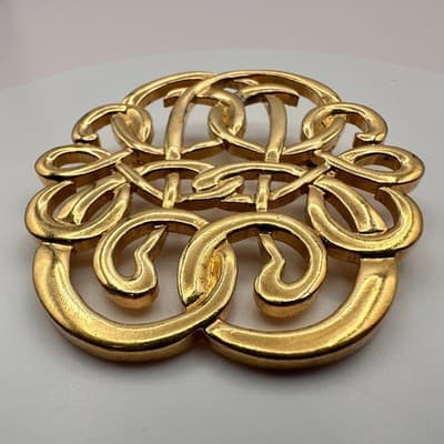 Vintage Y2K Gold Tone Openwork Interlocking Filigree Brooch Pin Women's Jewelry - Thumbnail 4