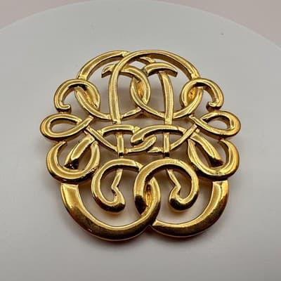 Vintage Y2K Gold Tone Openwork Interlocking Filigree Brooch Pin Women's Jewelry - Thumbnail 3