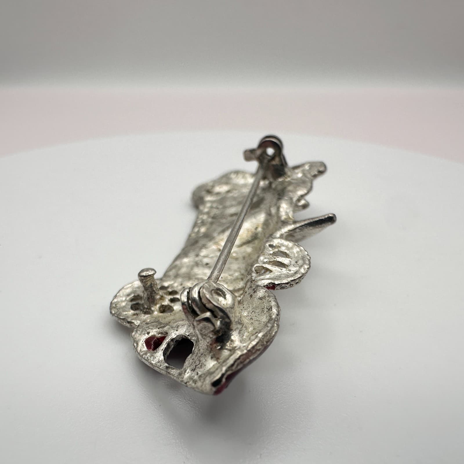 Vintage 80s Silver Tone Red Enamel Clear Glass Antique Race Car Brooch Pin - Thumbnail 5