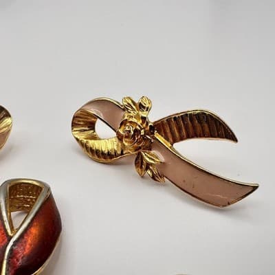 Vintage 90s Awareness Ribbon Enamel Gold Tone Brooch Pins Set Classic Jewelry - Thumbnail 7