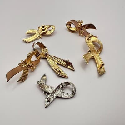 Vintage 90s Awareness Ribbon Enamel Gold Tone Brooch Pins Set Classic Jewelry - Thumbnail 9