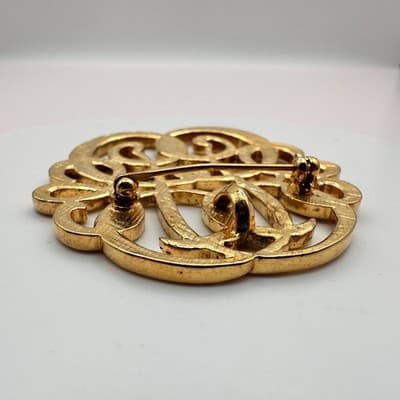 Vintage Y2K Gold Tone Openwork Interlocking Filigree Brooch Pin Women's Jewelry - Thumbnail 5