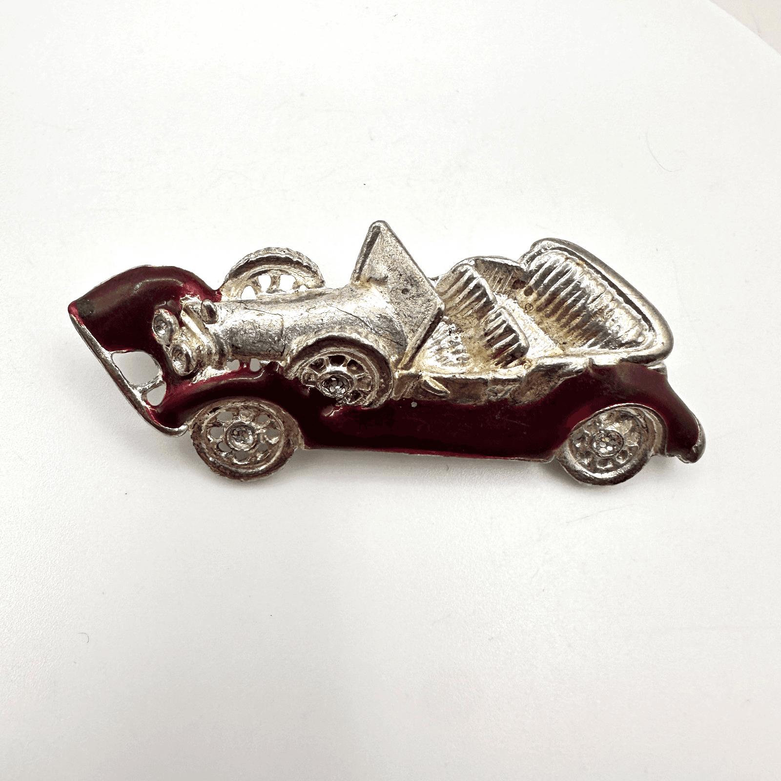 Vintage 80s Silver Tone Red Enamel Clear Glass Antique Race Car Brooch Pin