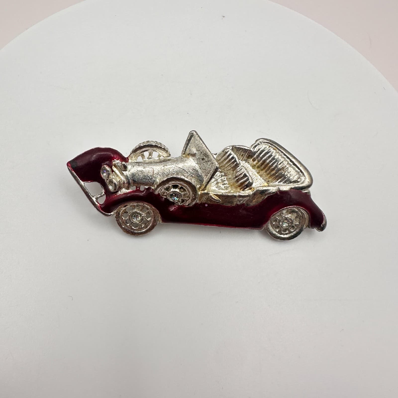 Vintage 80s Silver Tone Red Enamel Clear Glass Antique Race Car Brooch Pin - Thumbnail 2