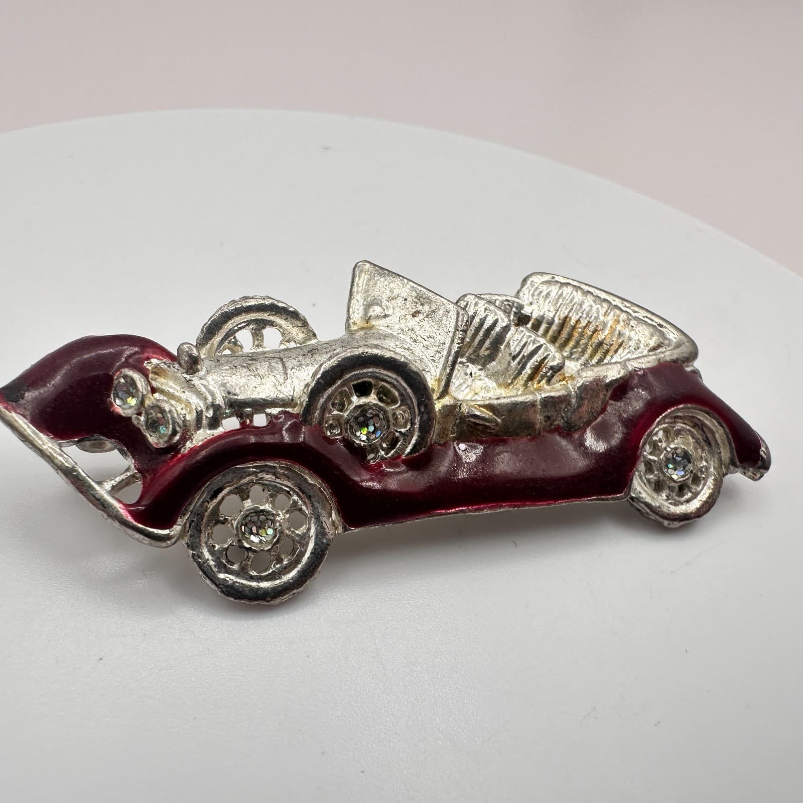 Vintage 80s Silver Tone Red Enamel Clear Glass Antique Race Car Brooch Pin - Thumbnail 4