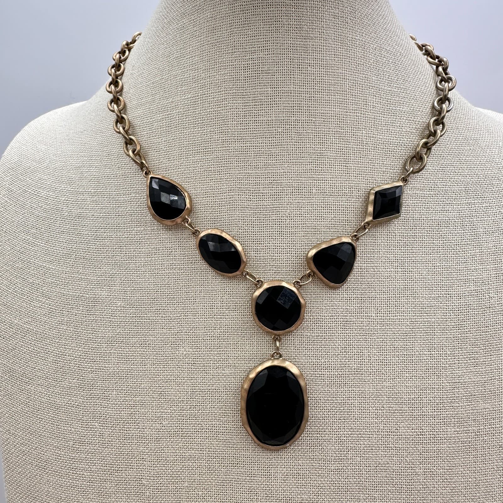 Vintage 90s Geometric Drop Black Crystal Pendant Necklace Gold Tone Jewelry - Thumbnail 4