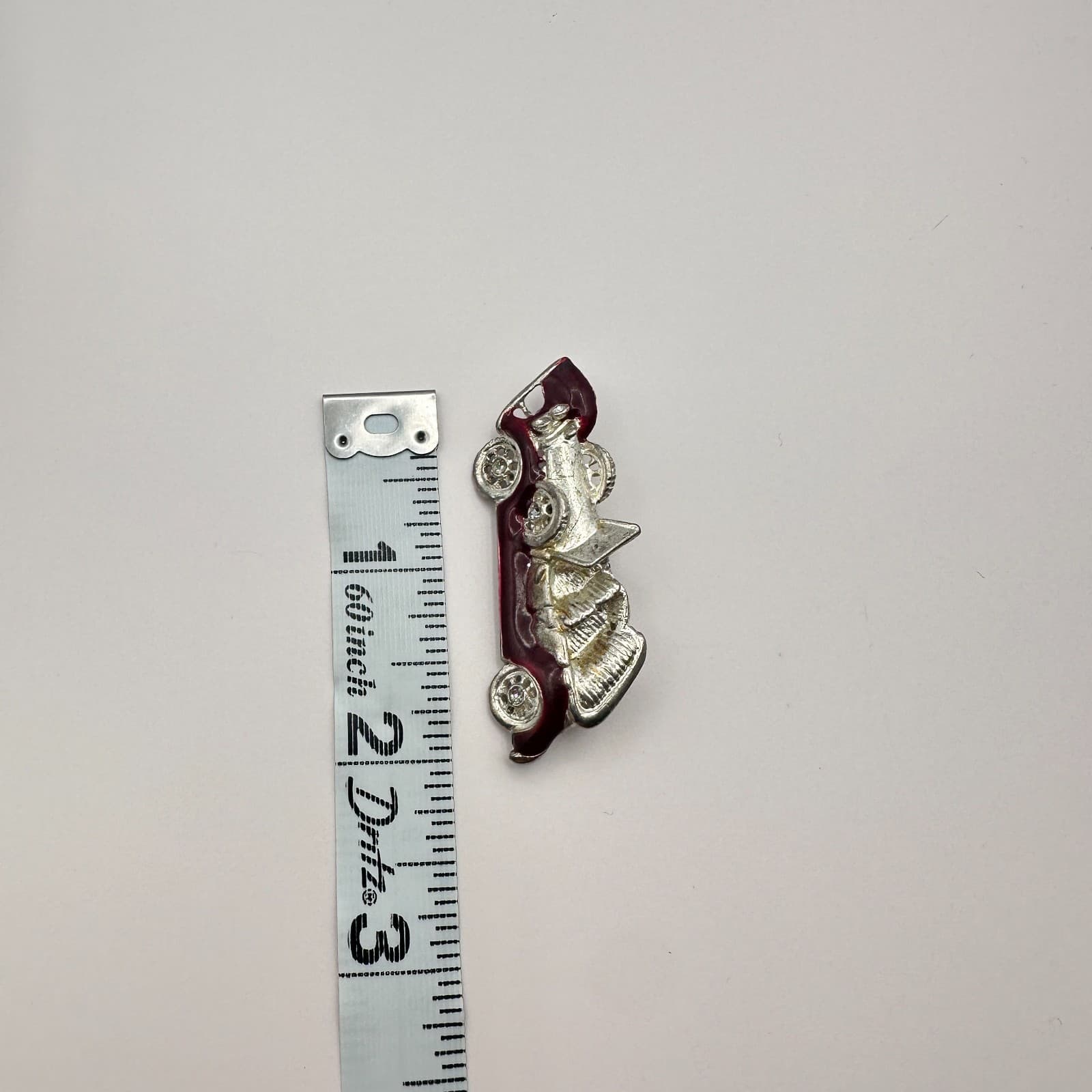 Vintage 80s Silver Tone Red Enamel Clear Glass Antique Race Car Brooch Pin - Thumbnail 6