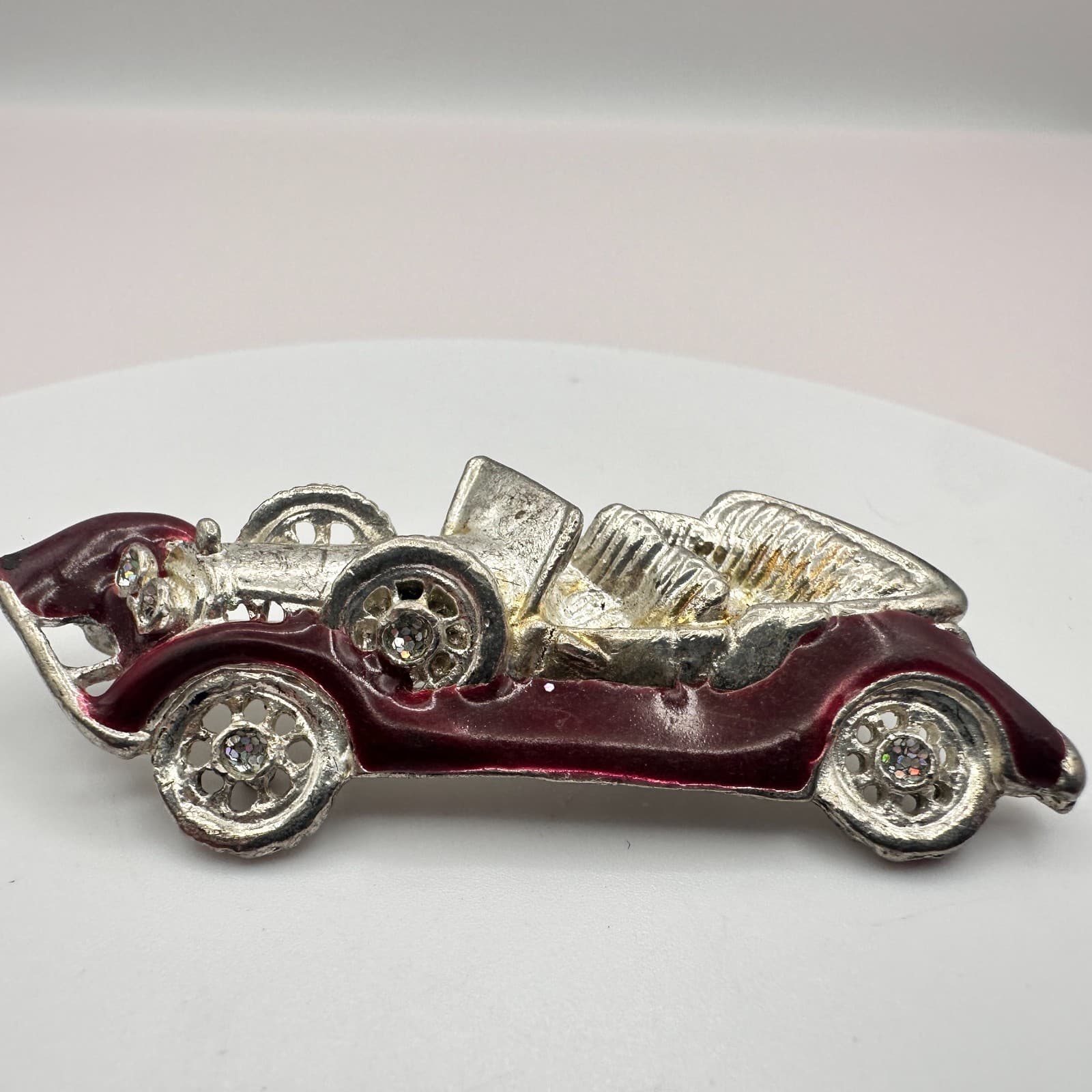 Vintage 80s Silver Tone Red Enamel Clear Glass Antique Race Car Brooch Pin - Thumbnail 3