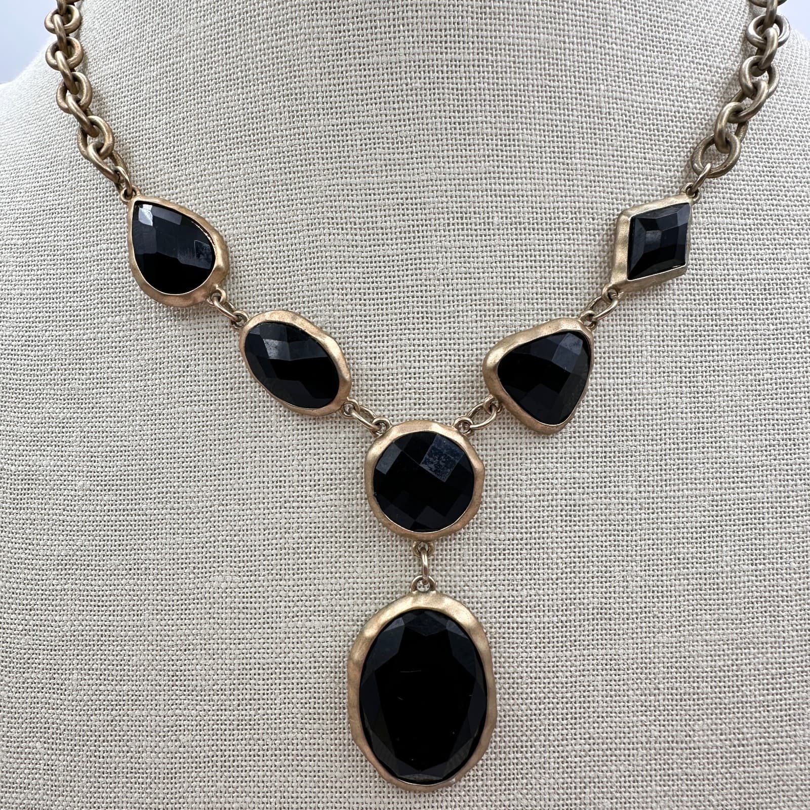Vintage 90s Geometric Drop Black Crystal Pendant Necklace Gold Tone Jewelry - Thumbnail 8
