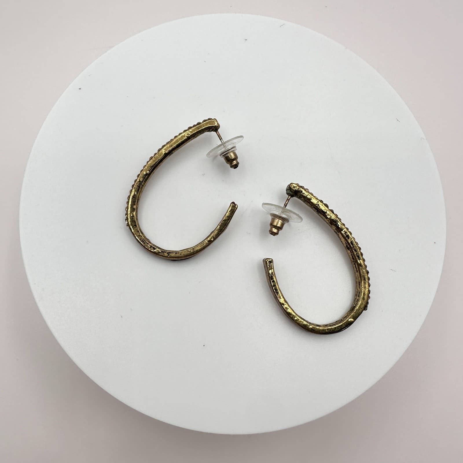 Vintage 90s Gold Tone Oval Hoop Earrings Champagne Glass Accents Style Fashion - Thumbnail 2
