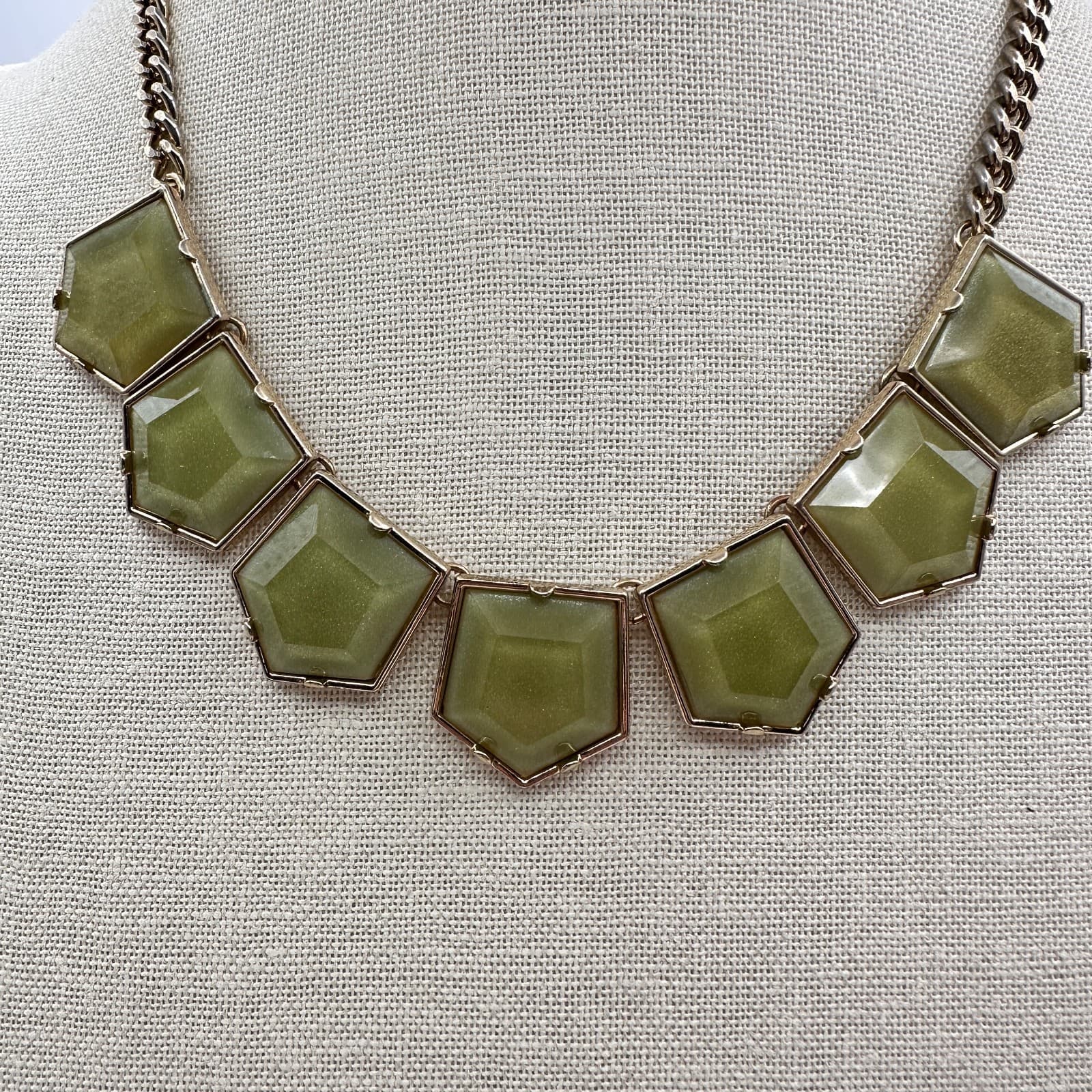 Vintage Y2K Green Stones Gold Tone Statement Bib Necklace Women's Jewelry - Thumbnail 3