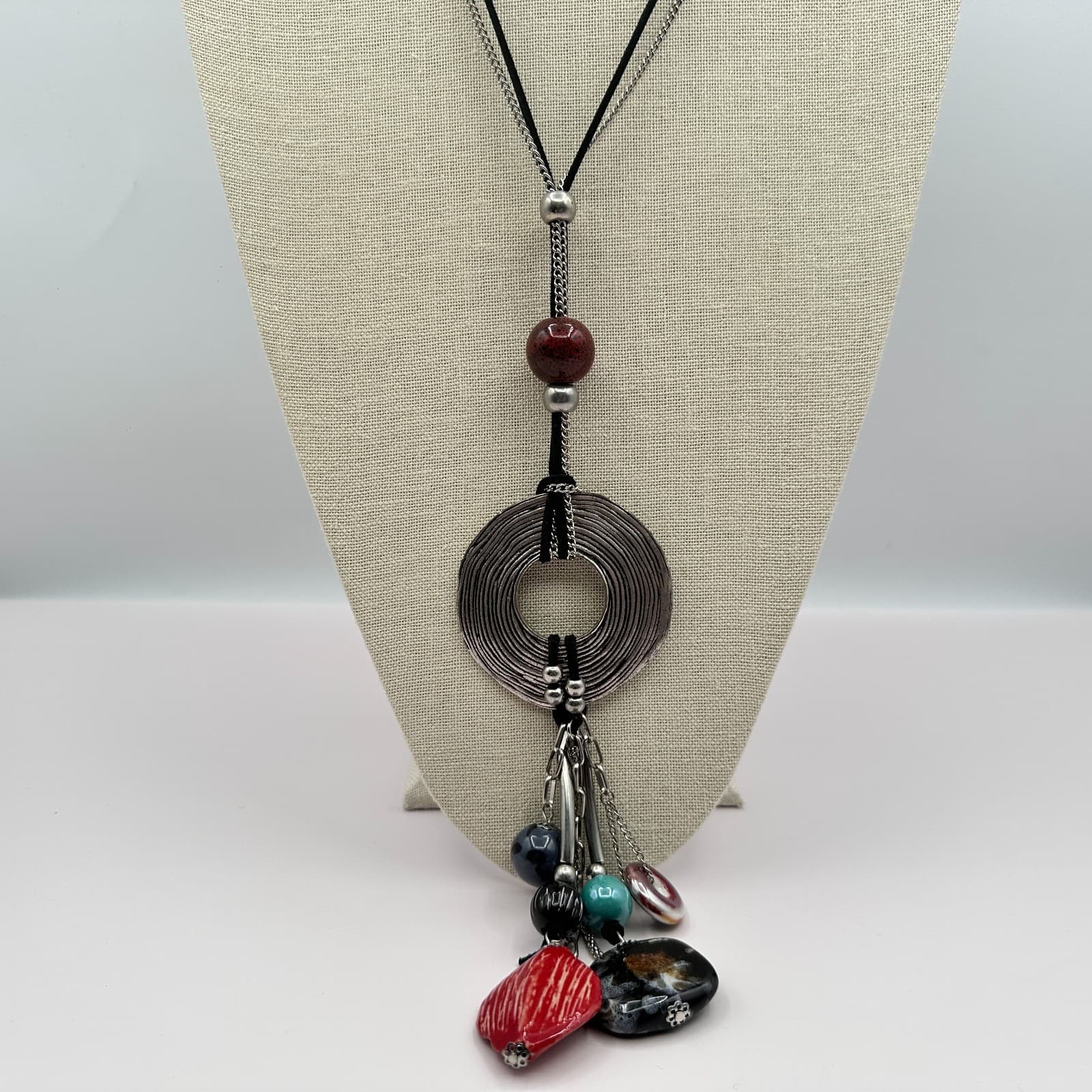 Vintage 90s Multi-Stone Tassel Statement Silver Tone Necklace Boho Fashion - Thumbnail 6